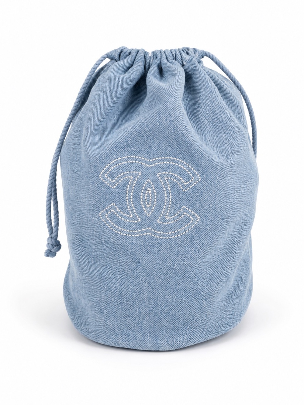 CHANEL - Light Blue Denim Drawstring Pouch with Stitched CC
